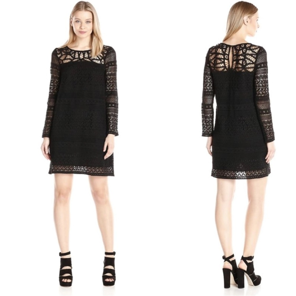 NEW Lucky Brand Women’s Crochet Lace Shift Mini Dress Black Medium Long-Sleeve
